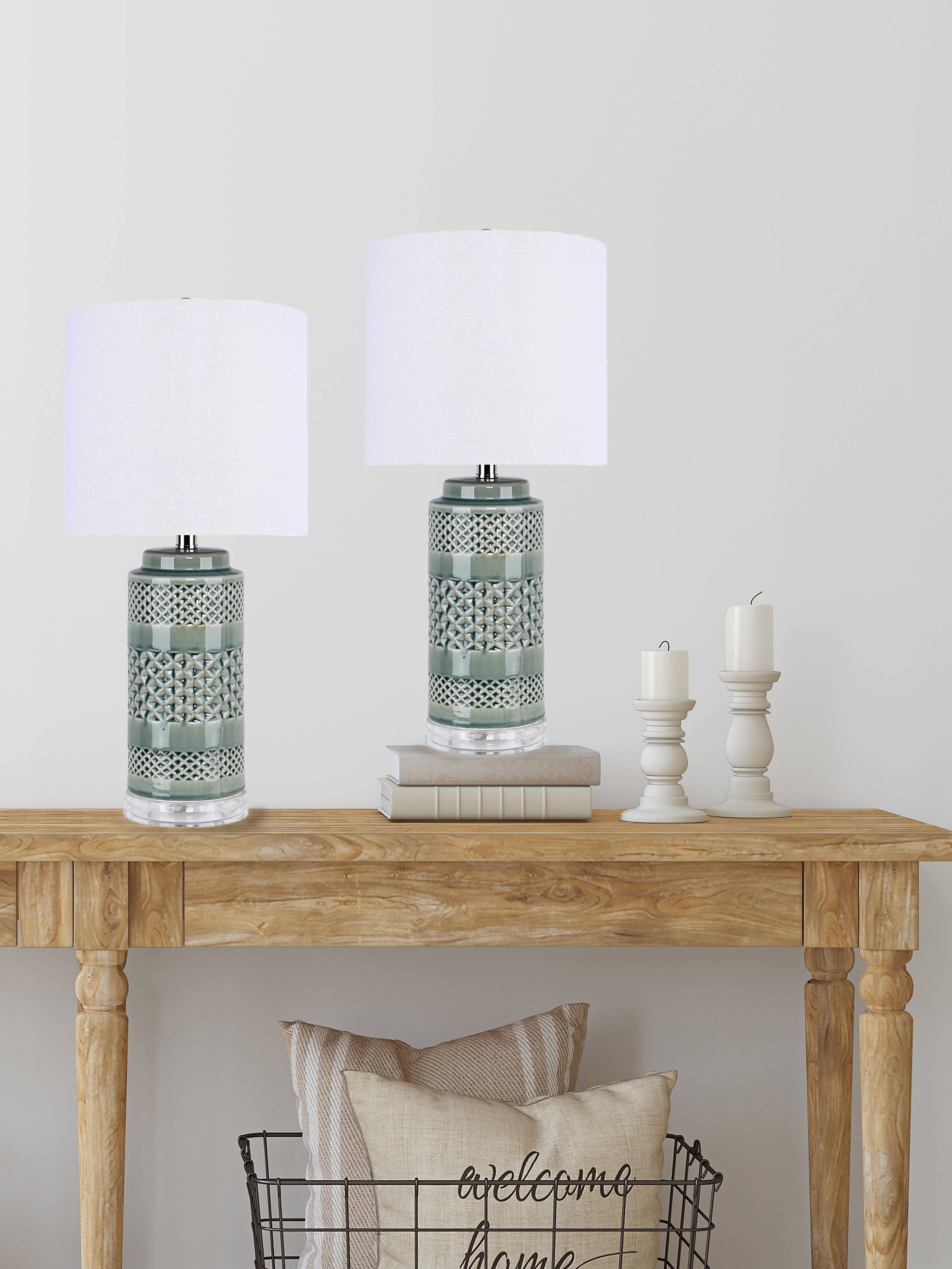 21" Ceramic Table Lamp w/ Cylinder Base & Linen Shade: Soft Teal