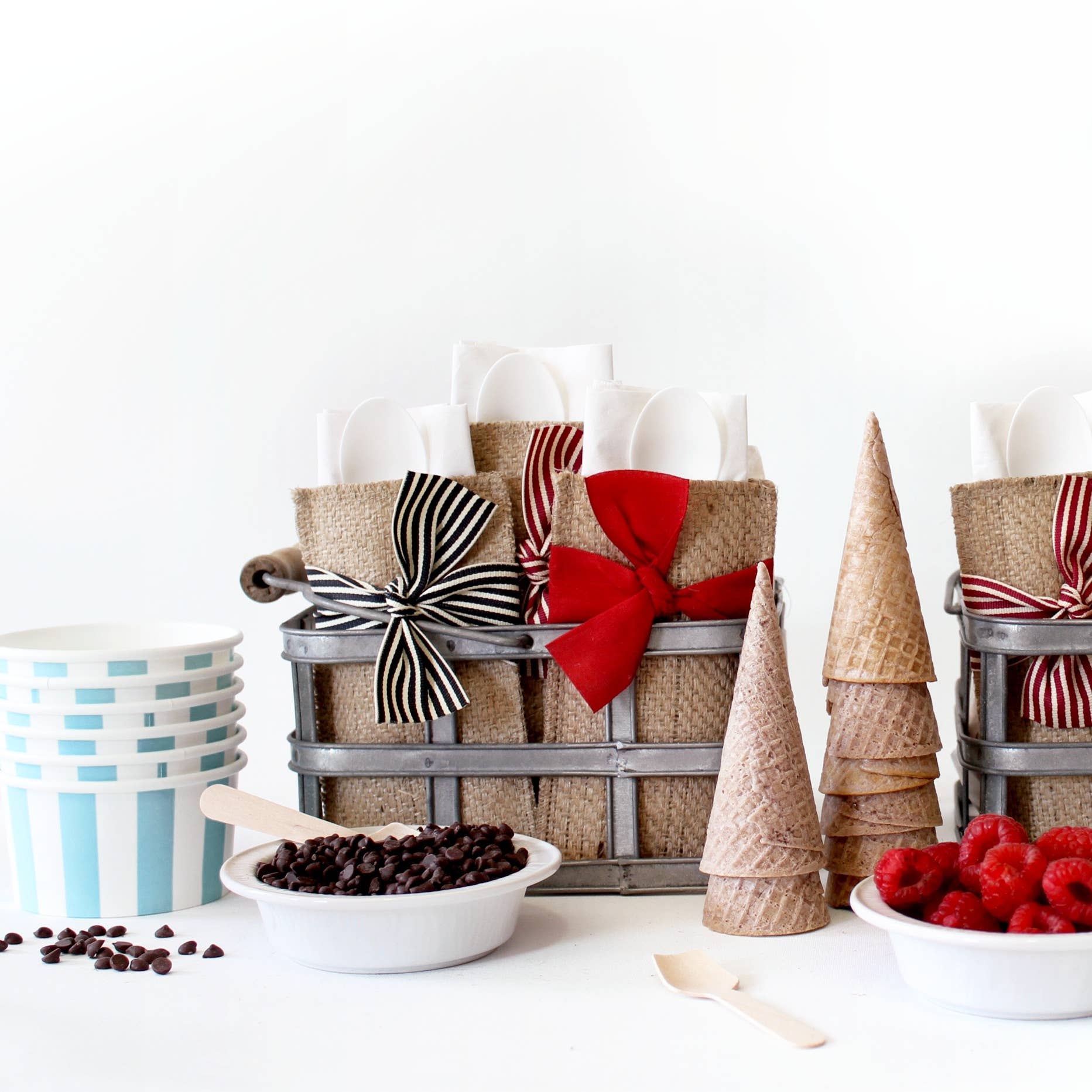 Stripe Hand Tied Ribbons - Black/Cream - Flatware Pouch