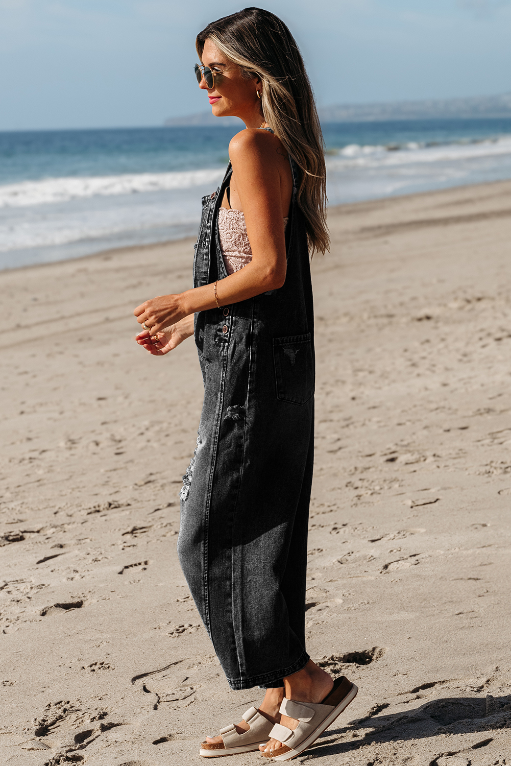 LDC Distressed Bib Pocket Wide Leg Denim Overall: Stone Blue / S