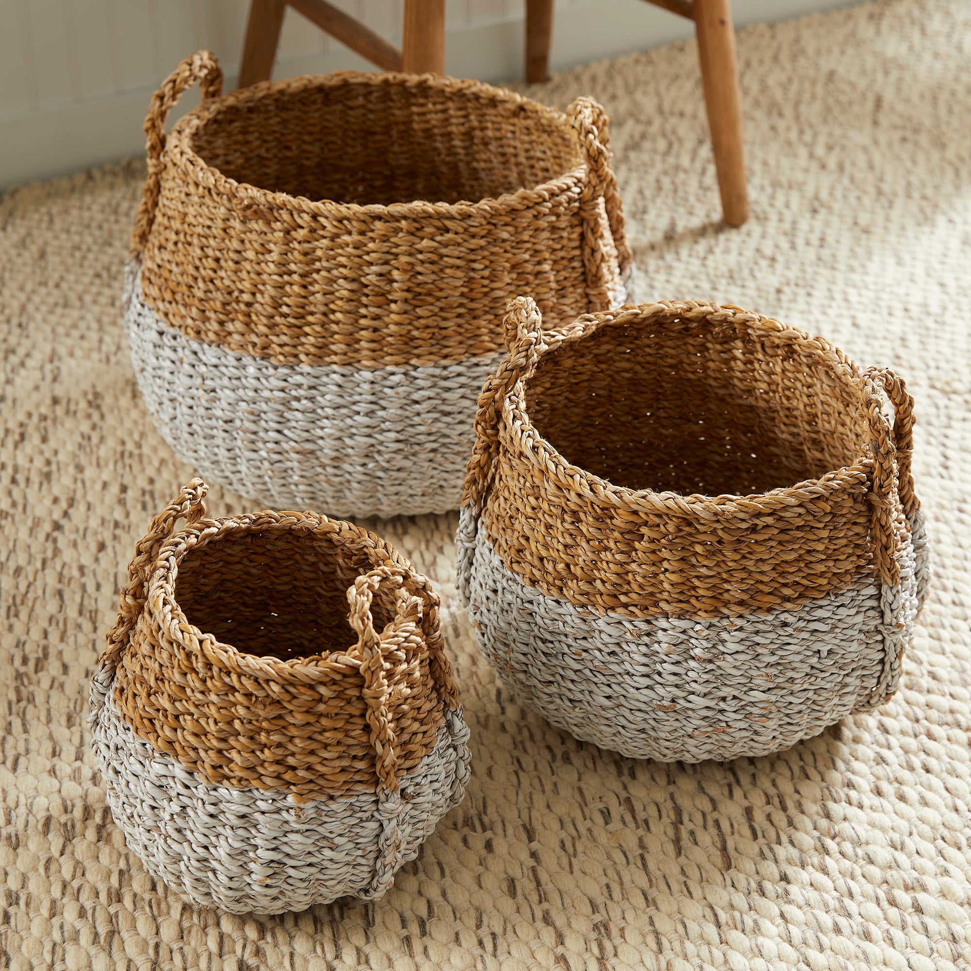 SEAGRASS ROUND BASKETS WITH HANDLES, SET OF 3