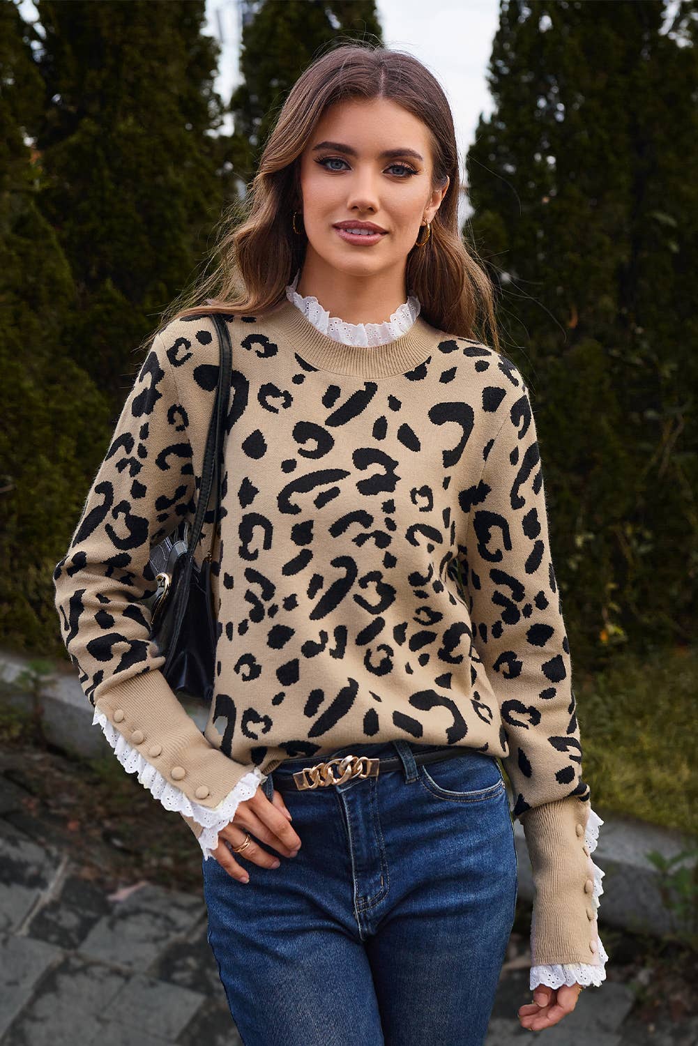 Leopard Lace Ribbed Button Cuff Sweater | S-XL: As shown / Missy / M
