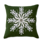 20 Inch Green Wool Pillow w/White Beaded Snowflake Applique