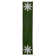 72 Inch Green Wool Table Runner w/White Beaded Snowflake Applique
