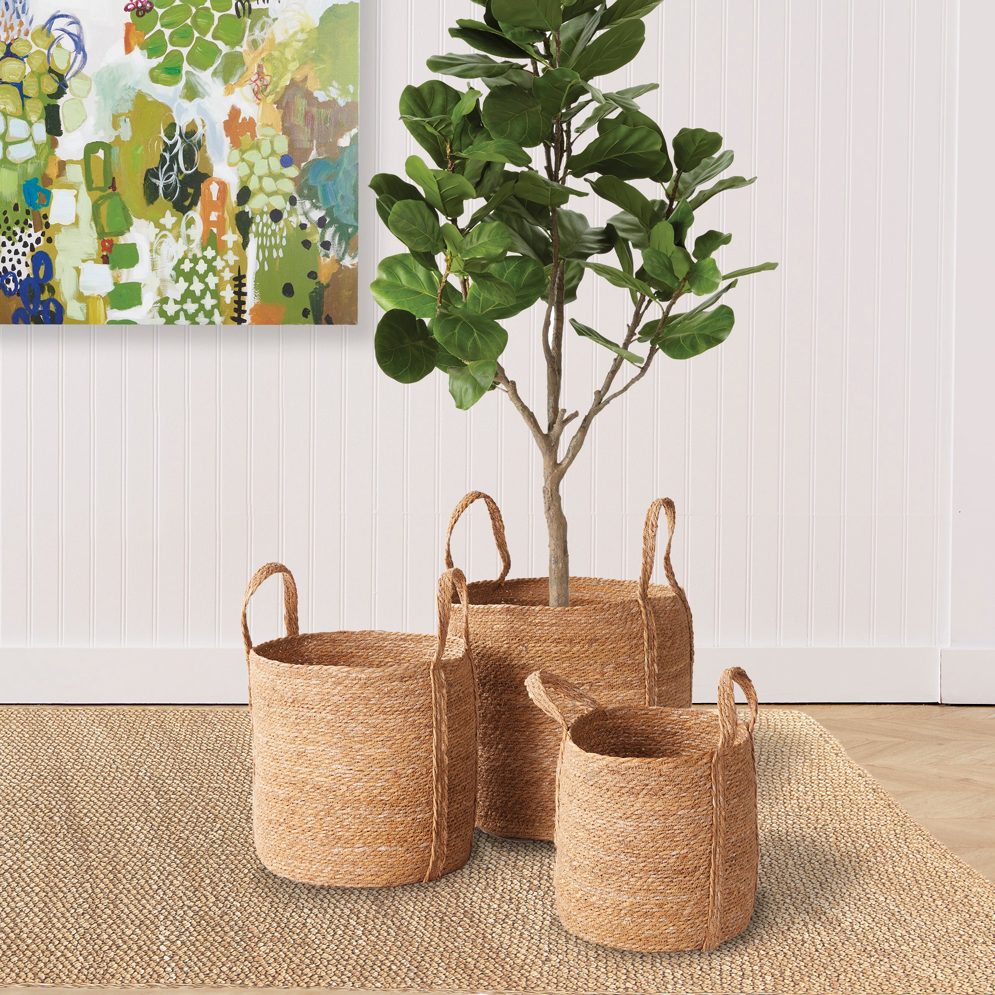 SEAGRASS ROUND BASKETS WITH LONG HANDLES, SET OF 3