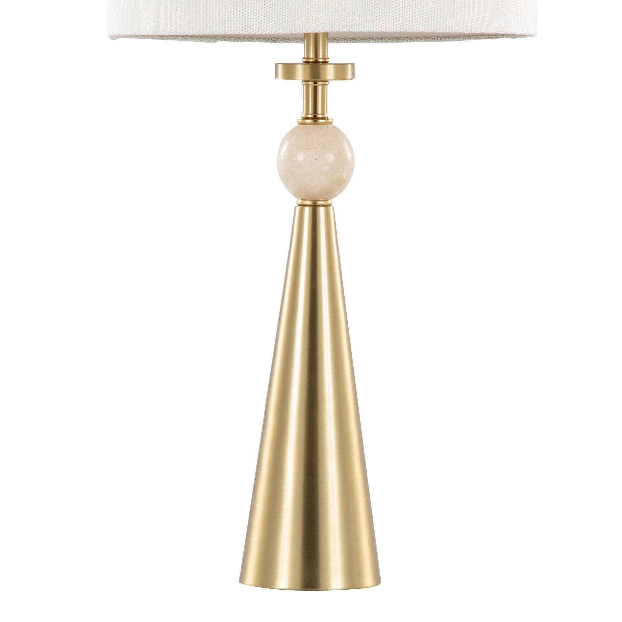 Cone Travertine 27" Table Lamp - In Gold Metal: Gold Metal, Travertine, Tan Leaf Shade