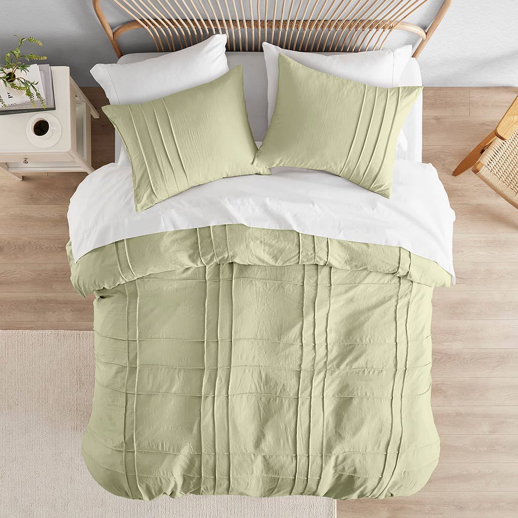 Grid Pattern Soft Washed Pleated Duvet Cover Set, Sage: King