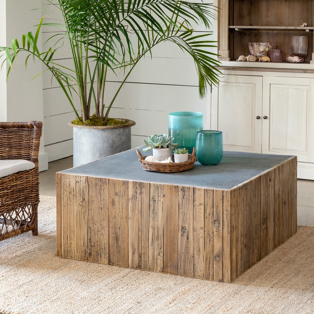 Aged Zinc Top Platform Coffee Table | Industrial Rustic Living Room Table