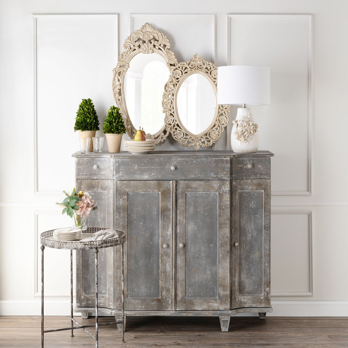 Vichy Hand Carved Wood Mirror | Distressed White Vintage Wall Accent