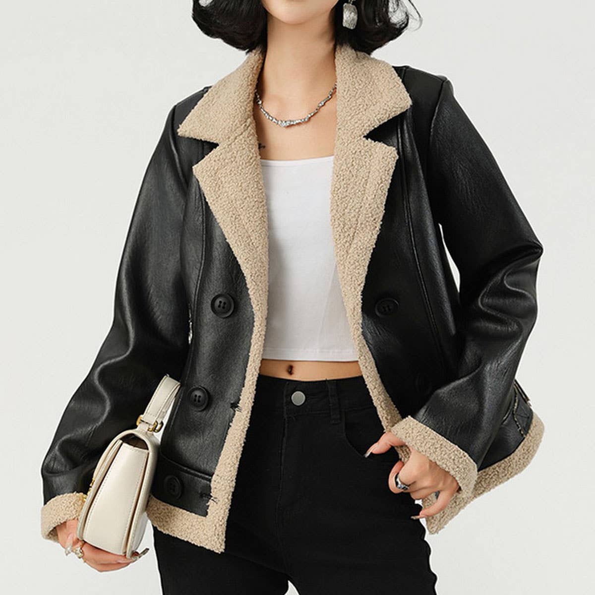 Fleece Lined PU Jacket–Women’s Winter Leather Coat_CWMM9018: Black / (S) 1