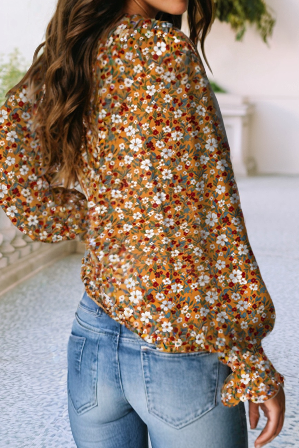LDC Boho Floral Ruffled Bubble Sleeve V Neck Fall Blouse: Orange / M