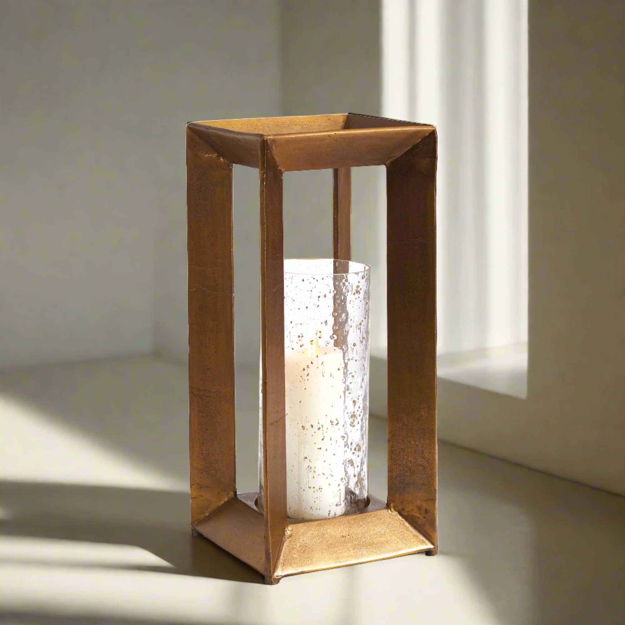 hurricane lantern with bubbled glass by a window