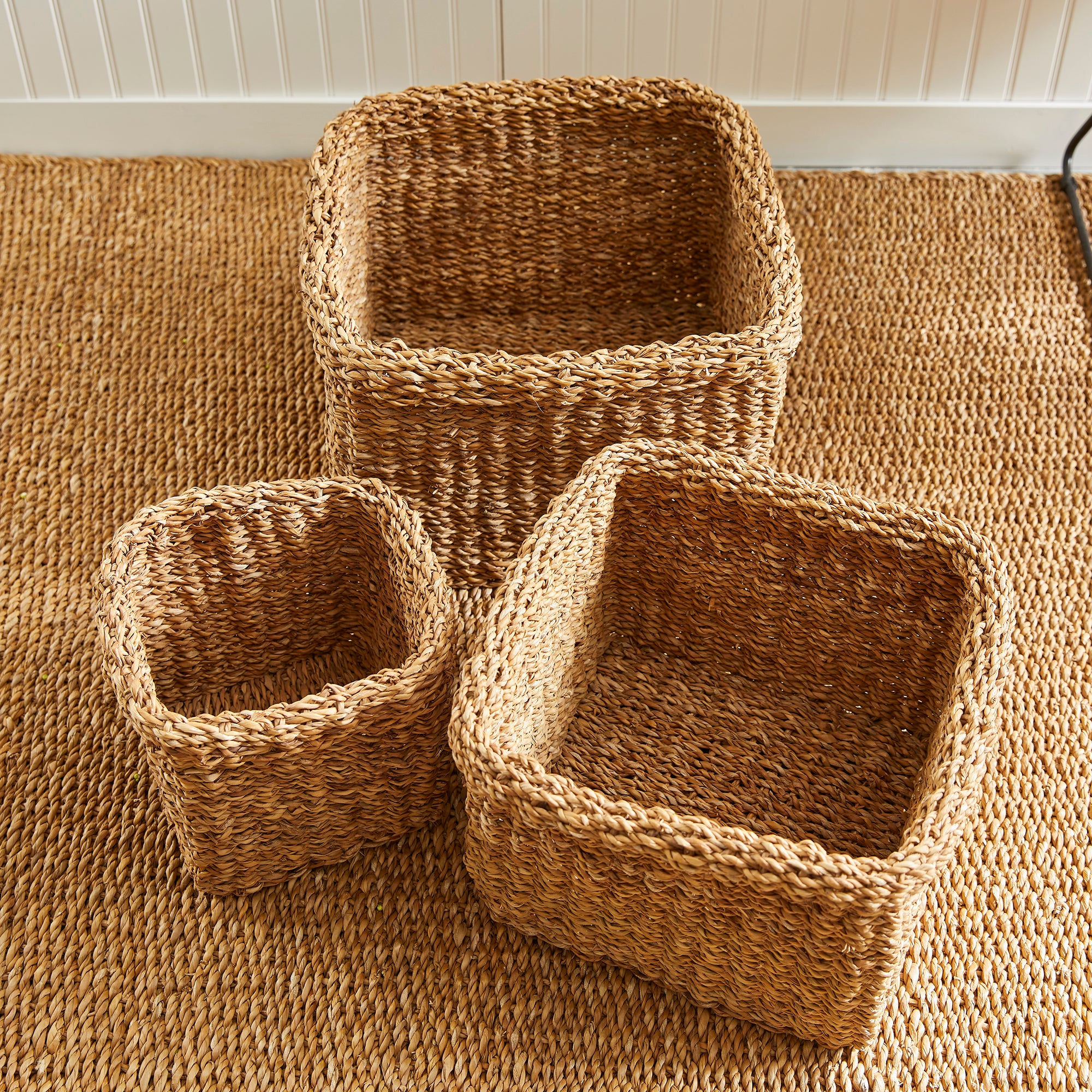 SEAGRASS SQUARE BASKETS WITH CUFFS, SET OF 3