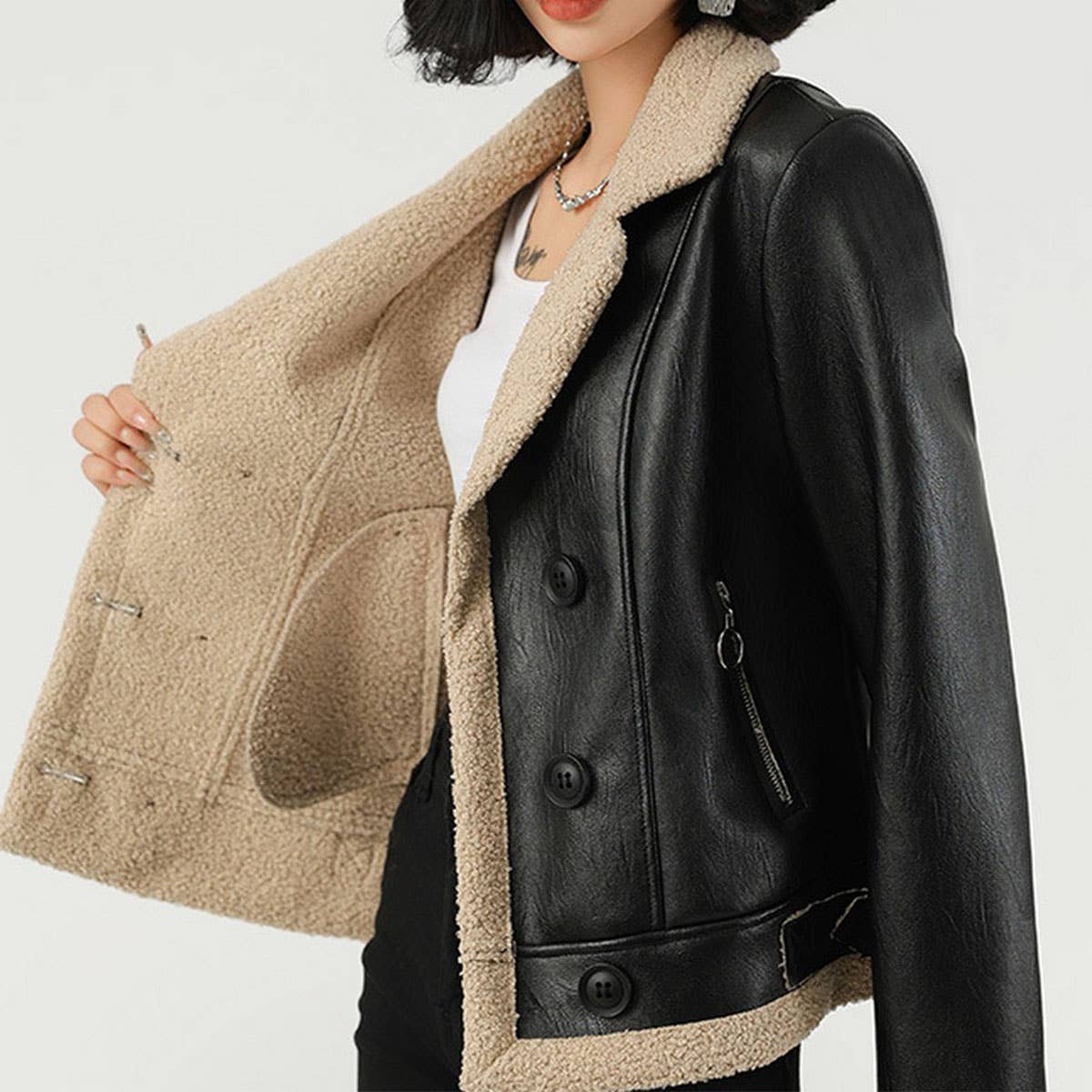 Fleece Lined PU Jacket–Women’s Winter Leather Coat_CWMM9018: Black / (M) 1