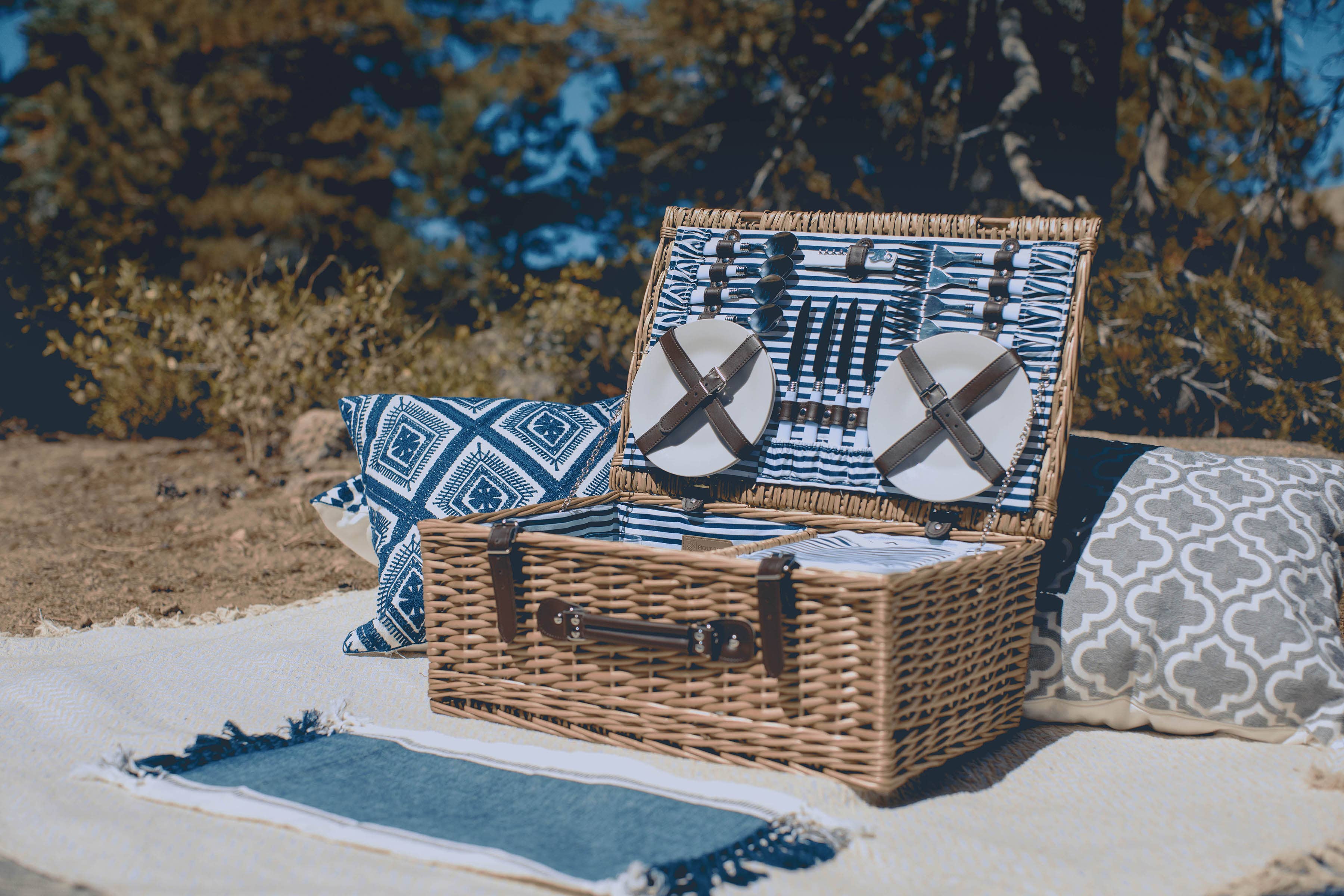 Belmont Picnic Basket: Navy Blue & White Stripe