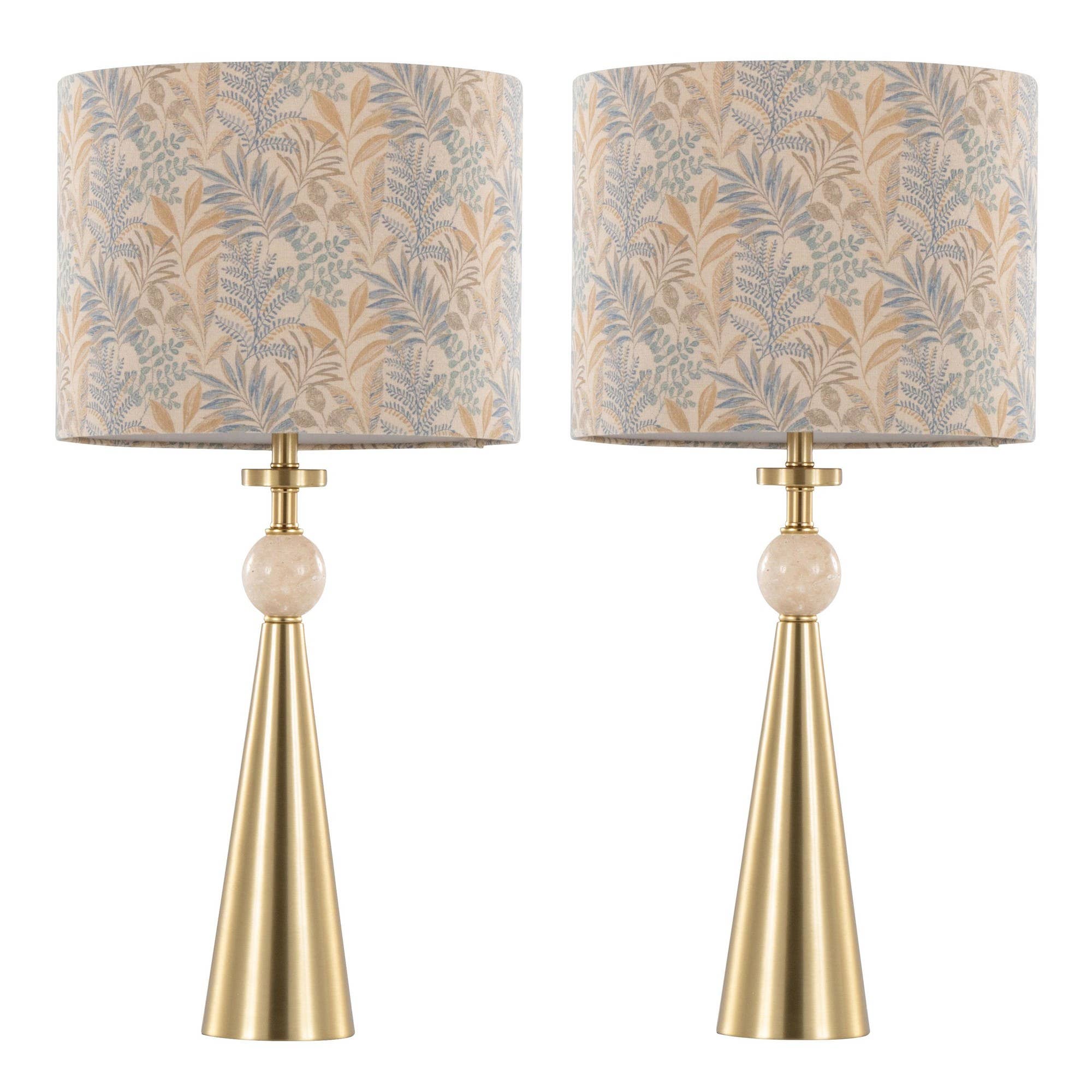 Cone Travertine 27" Table Lamp - In Gold Metal: Gold Metal, Travertine, Tan Leaf Shade