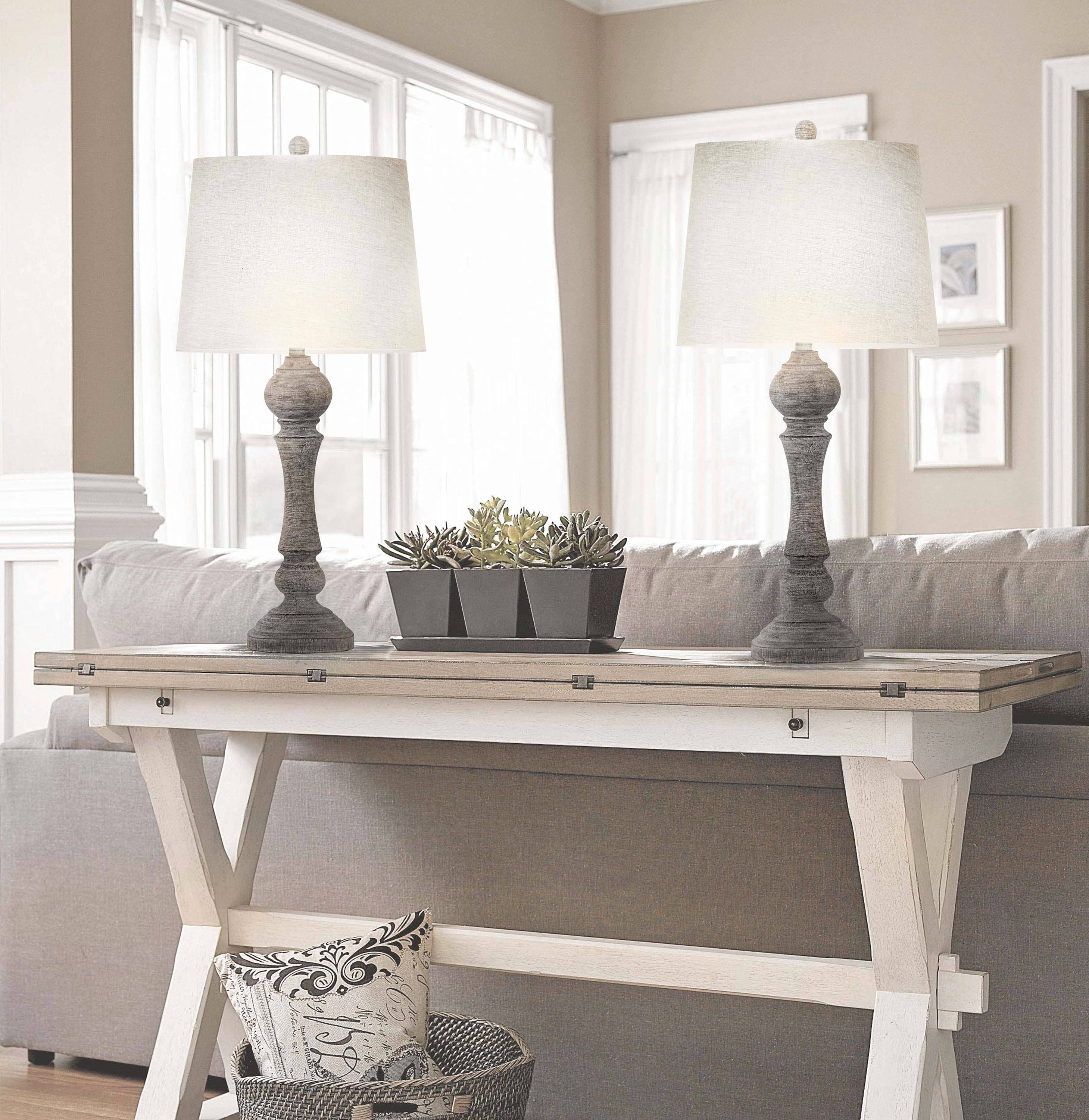 32" Polyresin Table Lamp w/ Reclaimed Grey Finish: Reclaimed Grey w/ Natural Linen