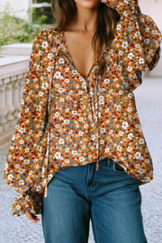LDC Boho Floral Ruffled Bubble Sleeve V Neck Fall Blouse: Orange / M