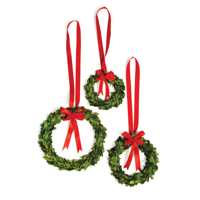 Boxwood Wreaths With Red Ribbons, Set Of 3