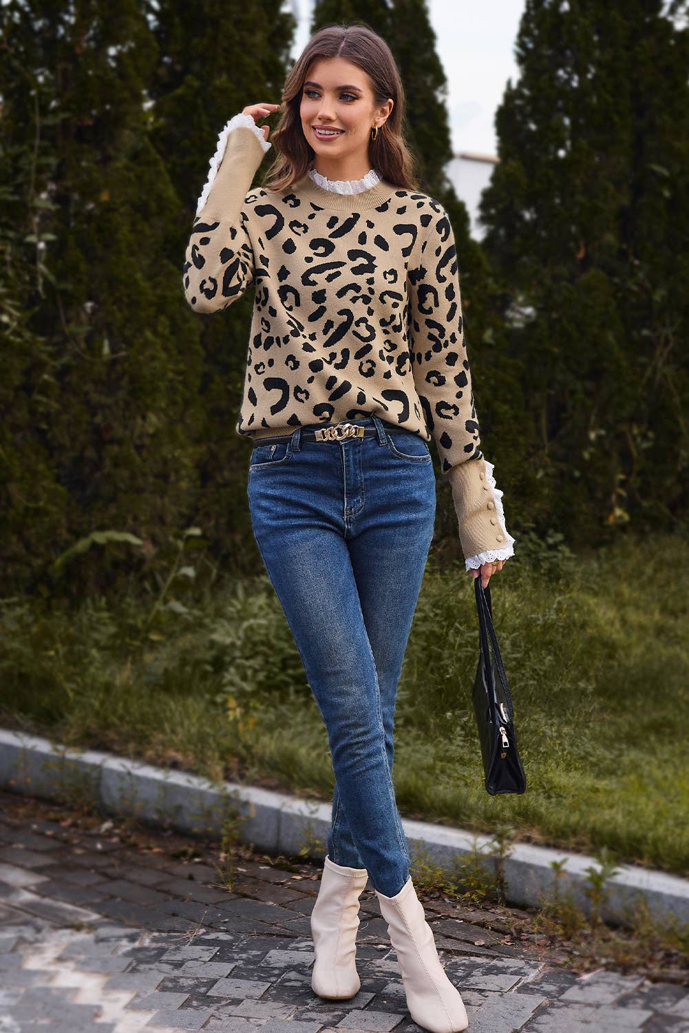 Leopard Lace Ribbed Button Cuff Sweater | S-XL: As shown / Missy / L