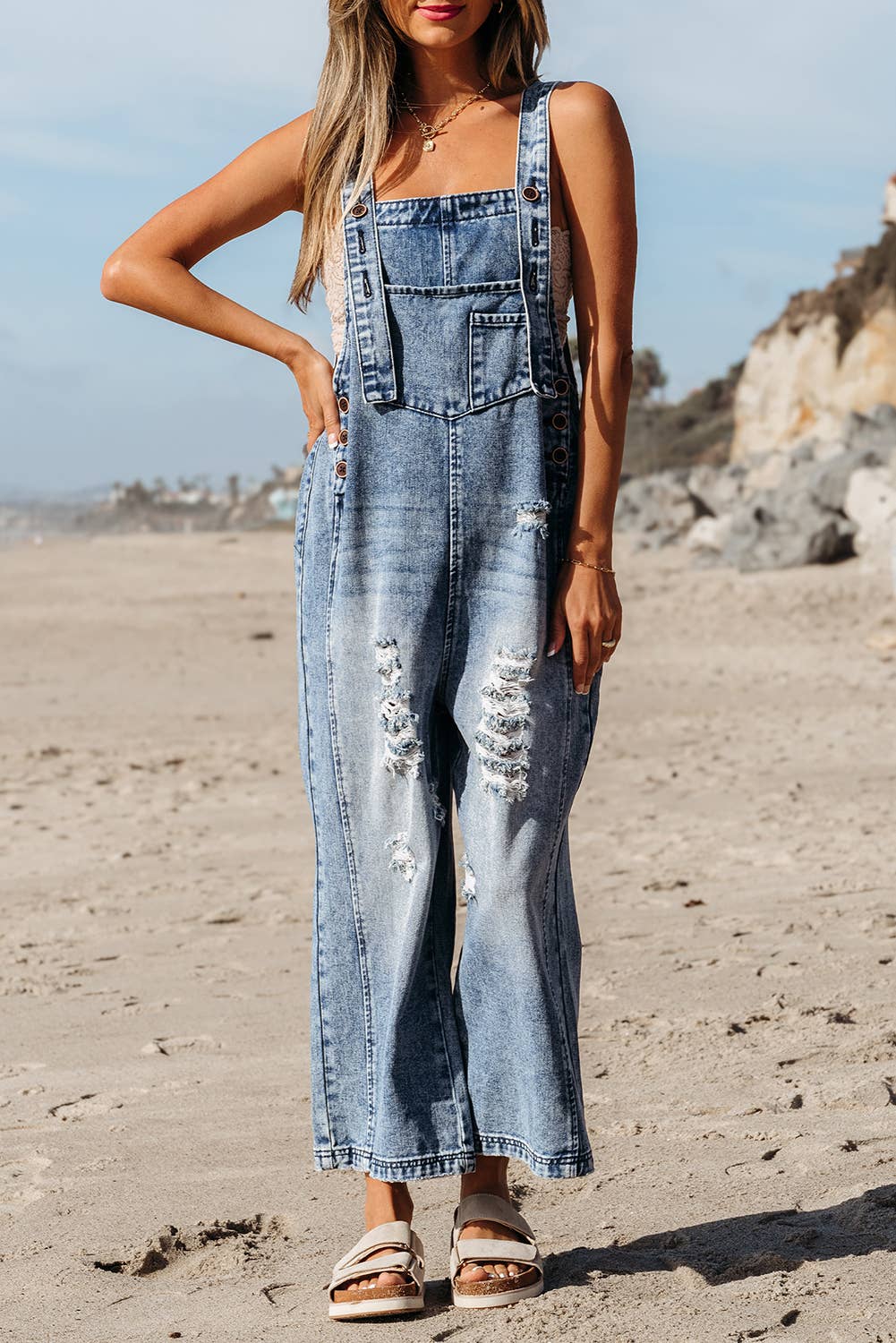 Distressed Pocketed Wide Leg Capri Denim Overall | 2 Colors: Stone Blue / M