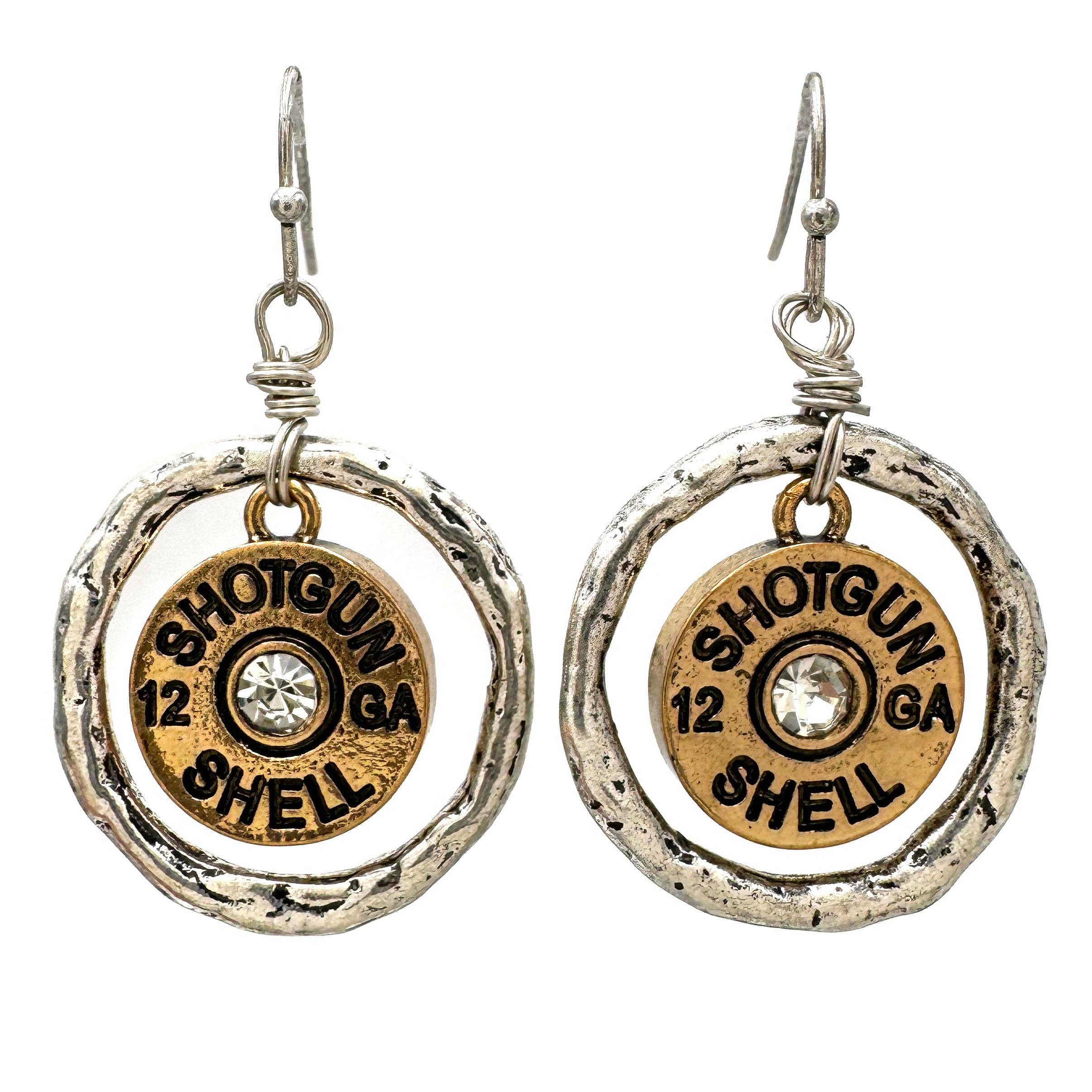 Shotgun Bullet Shell Wired Western Dangle Earrings: Patina