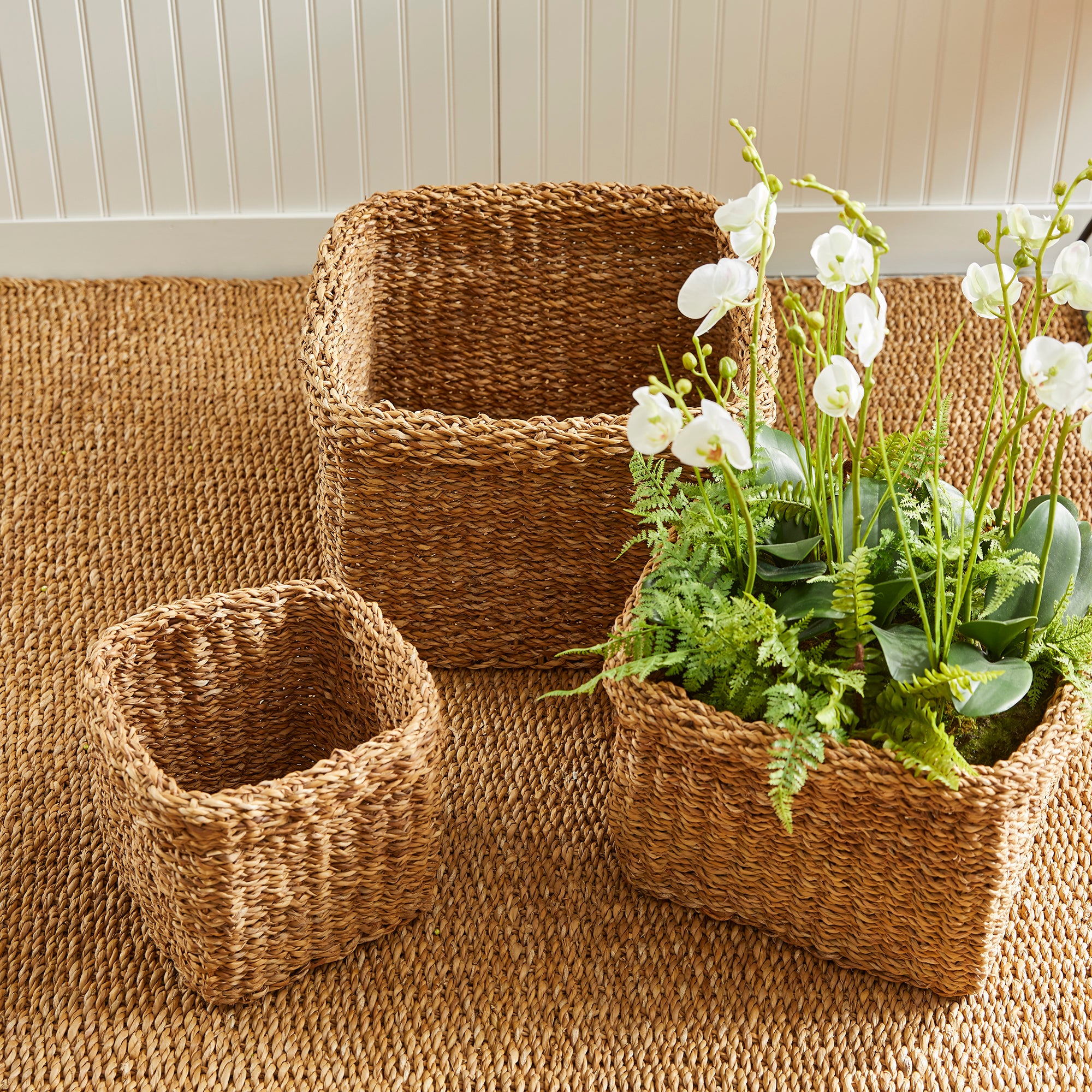 SEAGRASS SQUARE BASKETS WITH CUFFS, SET OF 3