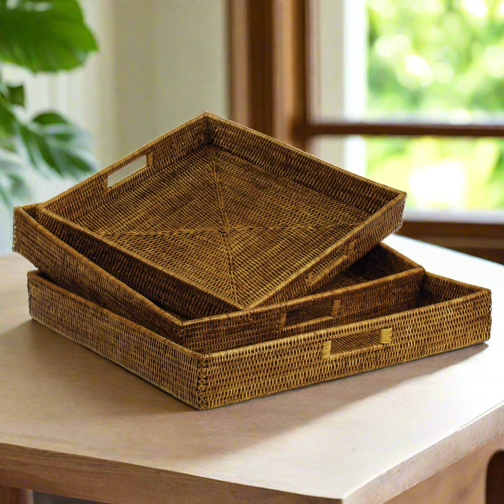 Burma Rattan Ottoman Trays, Set of 3, Brown