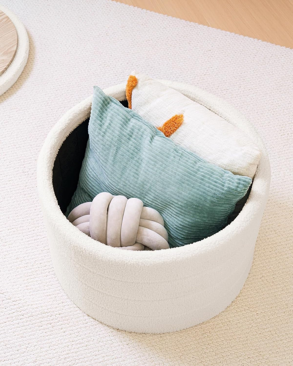 White Twenty TwoIn Round Sherpa Boucle Ottoman Tray