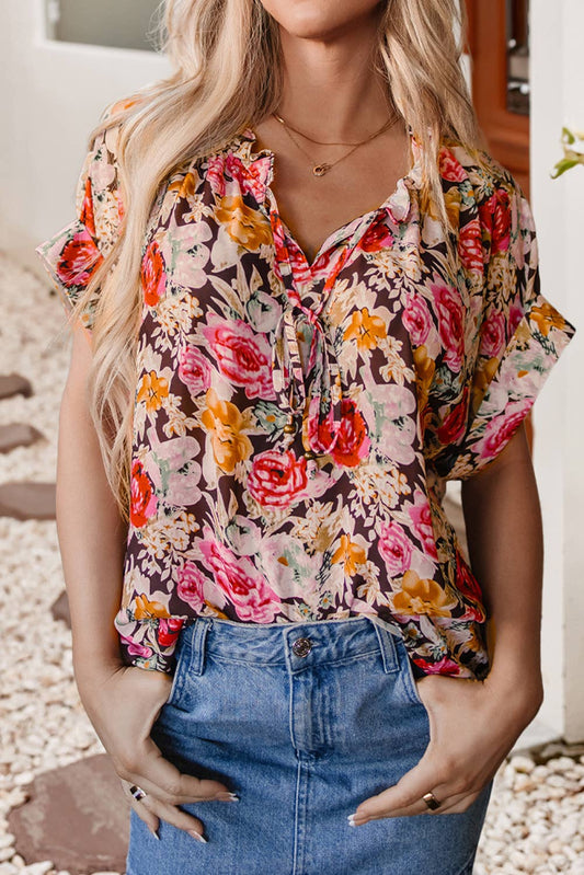 Floral Print Crew Neck Short Sleeve Shift Blouse: Pink / L