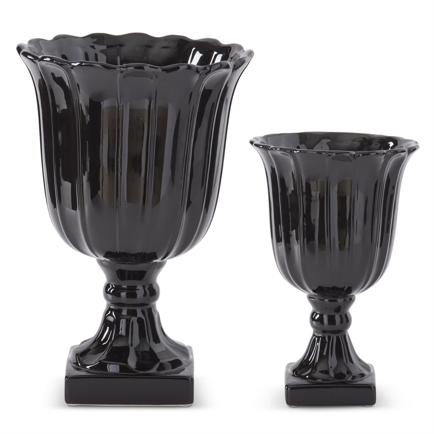 Black Ribbed Ceramic Vases on Square Base - 2 Sizes