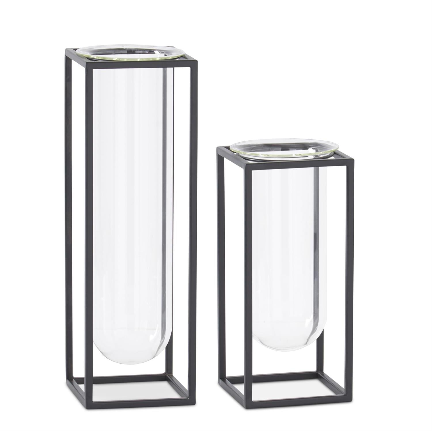 Glass Test Tube Vase in Black Metal Rectangular Frame - 2 Sizes