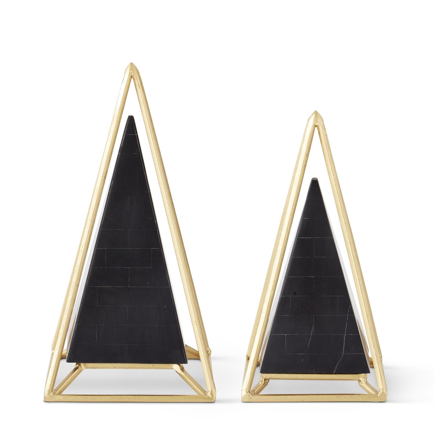 Gold Metal Framed Black Tiled Pyramid Sculptures ~ 2 Sizes