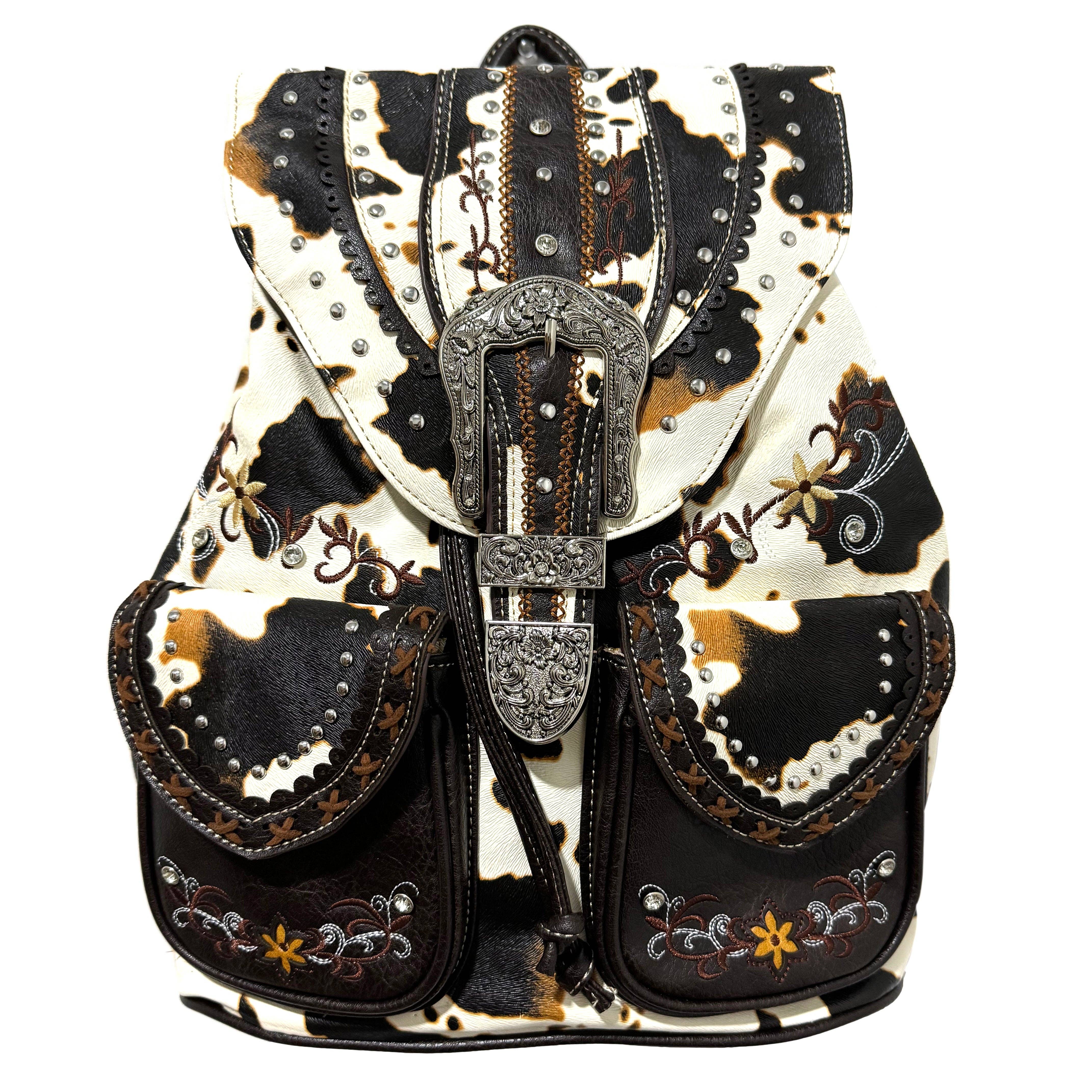 Cow Print Western Leather Buckle Backpack: Black
