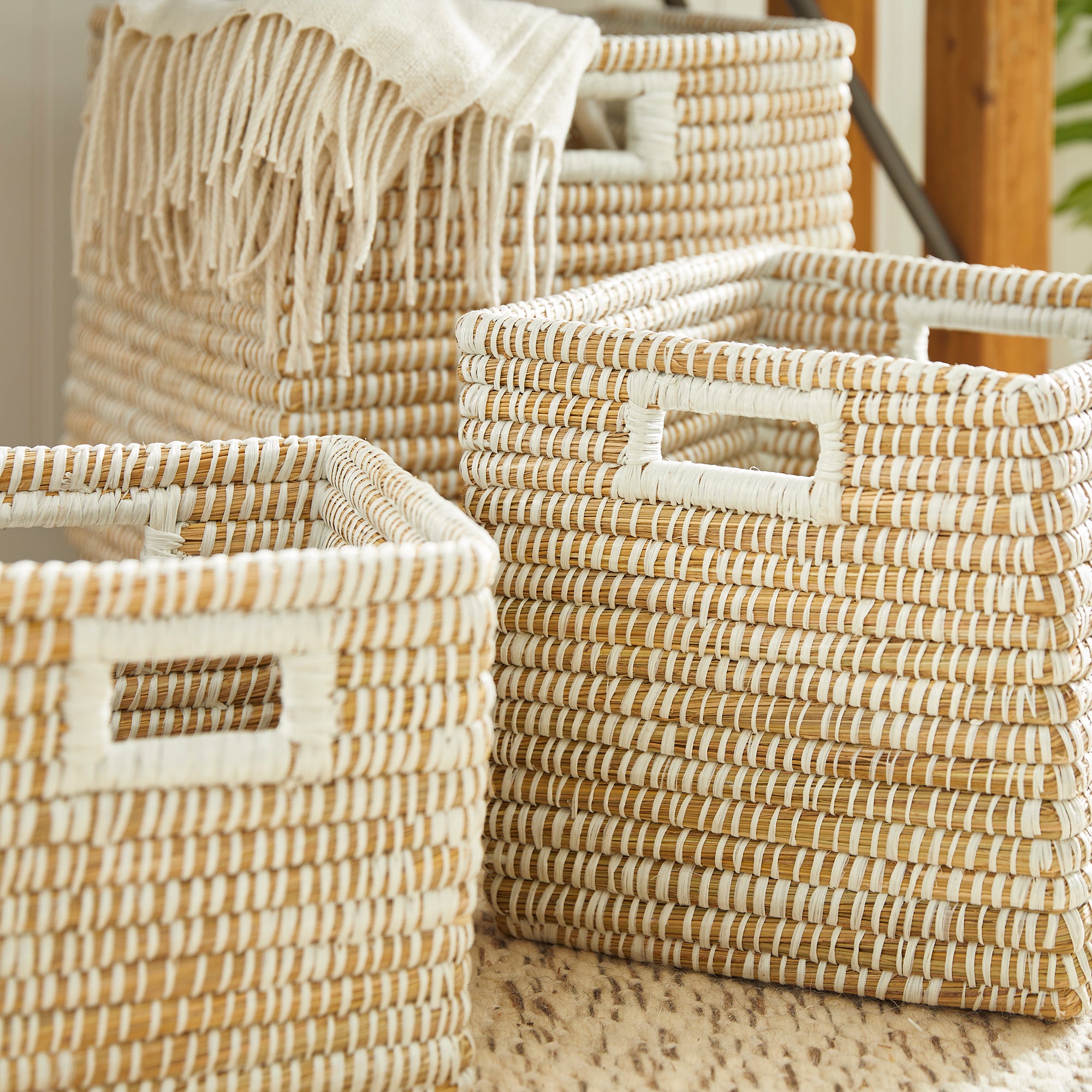 RIVERGRASS SQUARE BASKETS WITH HANDLES, SET OF 3