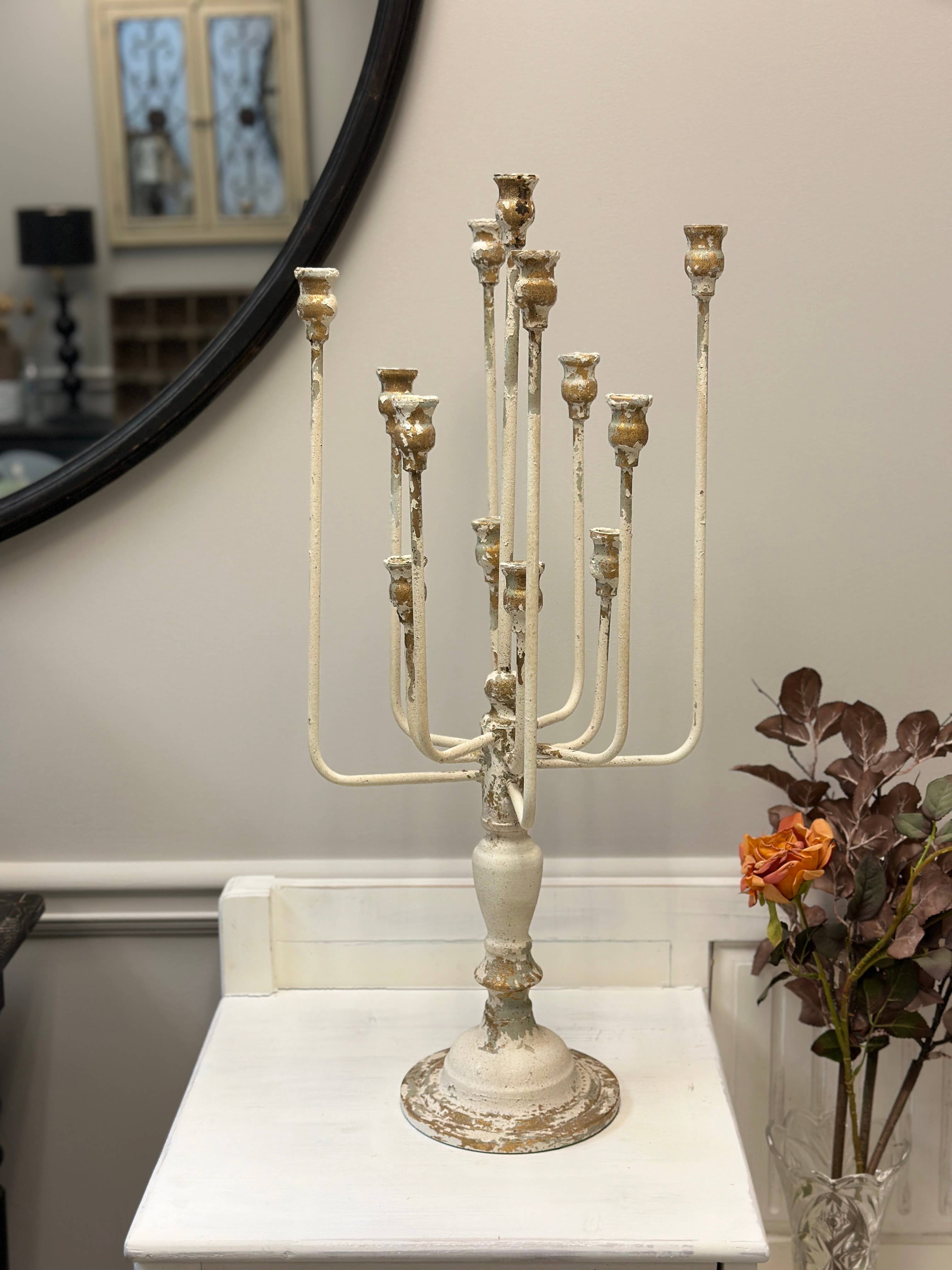 13-Candle Iron Candelabra: White