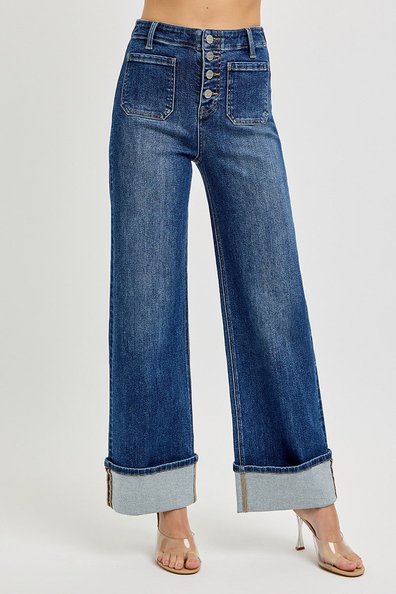 HIGH RISE ANKLE WIDE BUTTON DOWN CUFFED JEANS