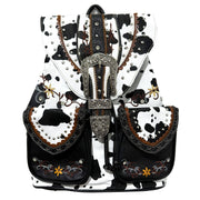 Cow Print Western Leather Buckle Backpack: Black