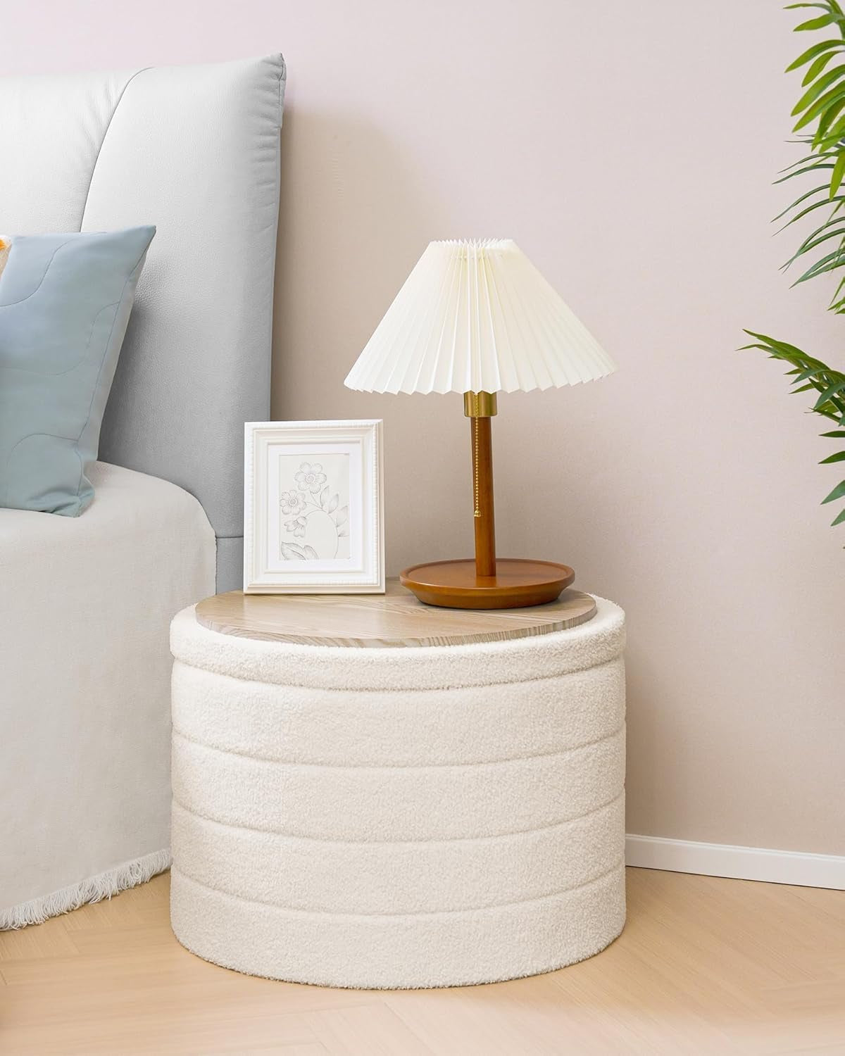 White Twenty TwoIn Round Sherpa Boucle Ottoman Tray