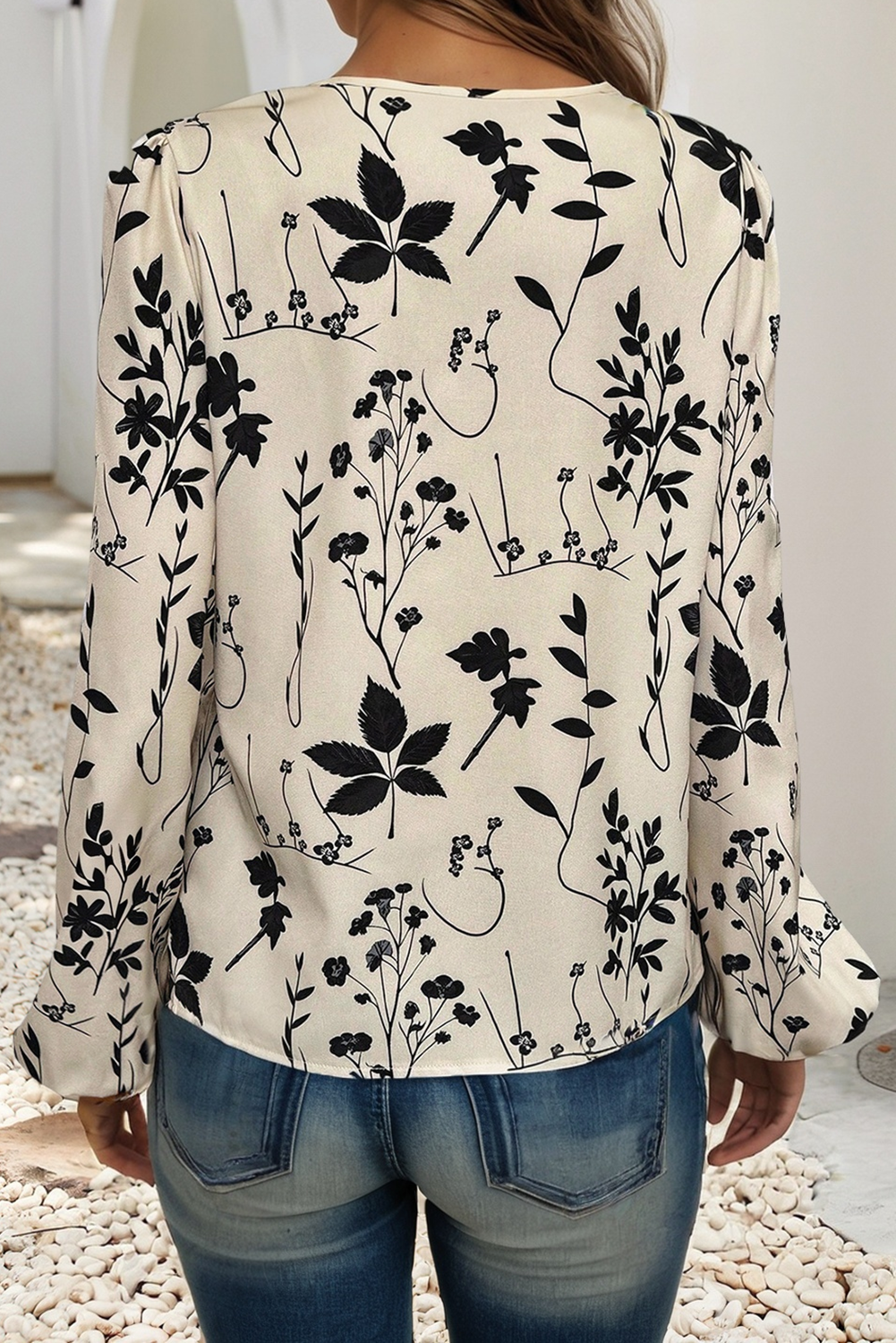 LDC Botanical Floral Print Split Neck Long Sleeve Blouse: Khaki / M