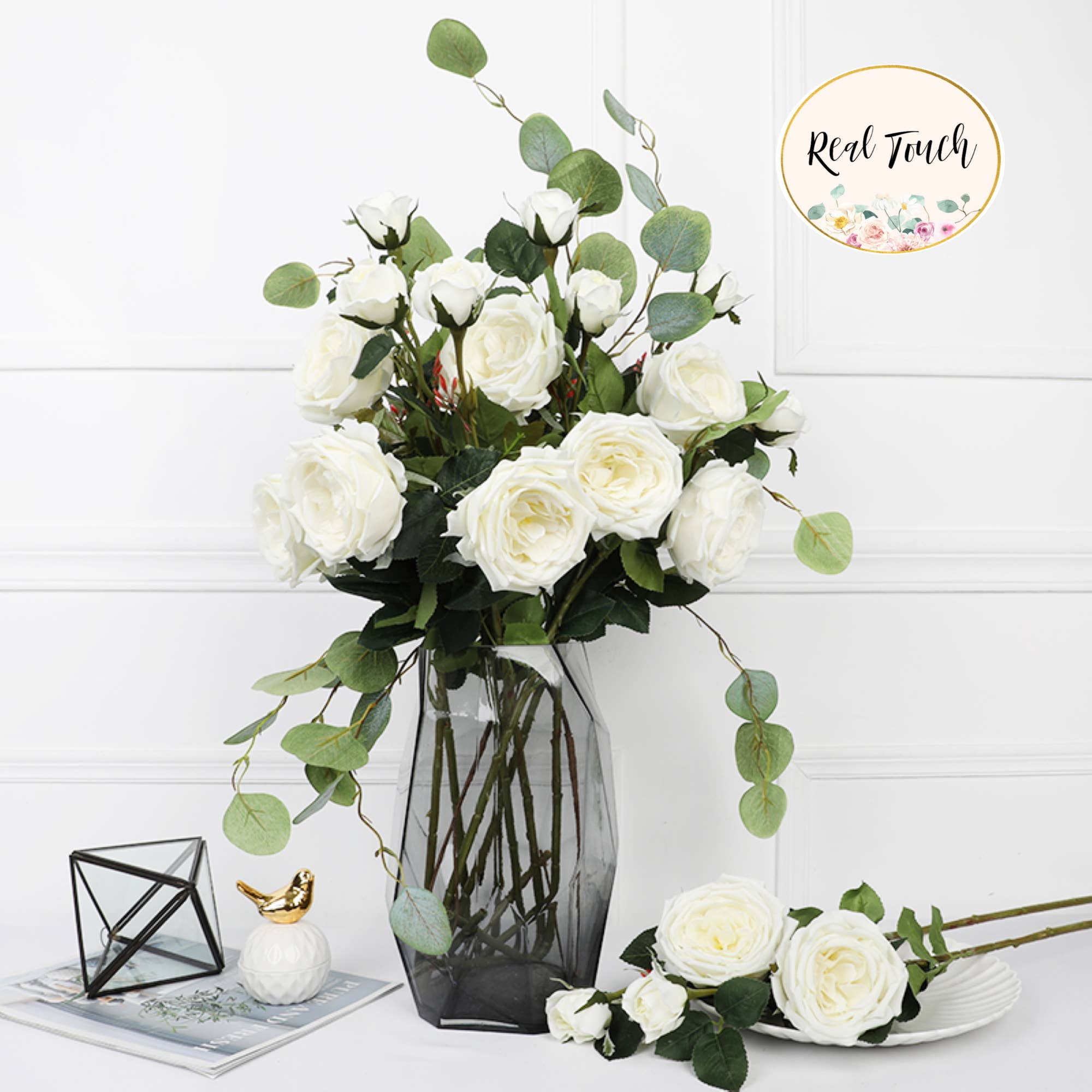 26.5"-real touch moisturized coating Cabbage Faux Rose spray: Ivory