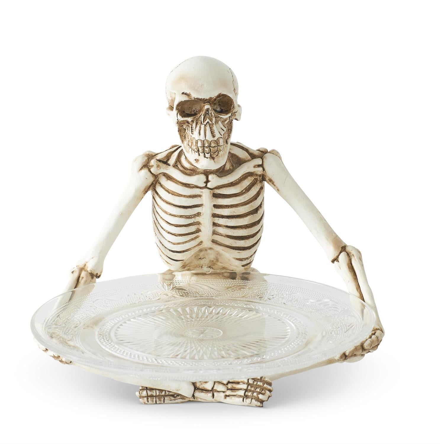 10 Inch Resin Sitting Skeleton Holding Glass Plate