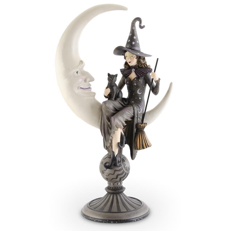 20.5 Inch Crescent Moon w/Sitting Witch & Black Cat on Pedestal