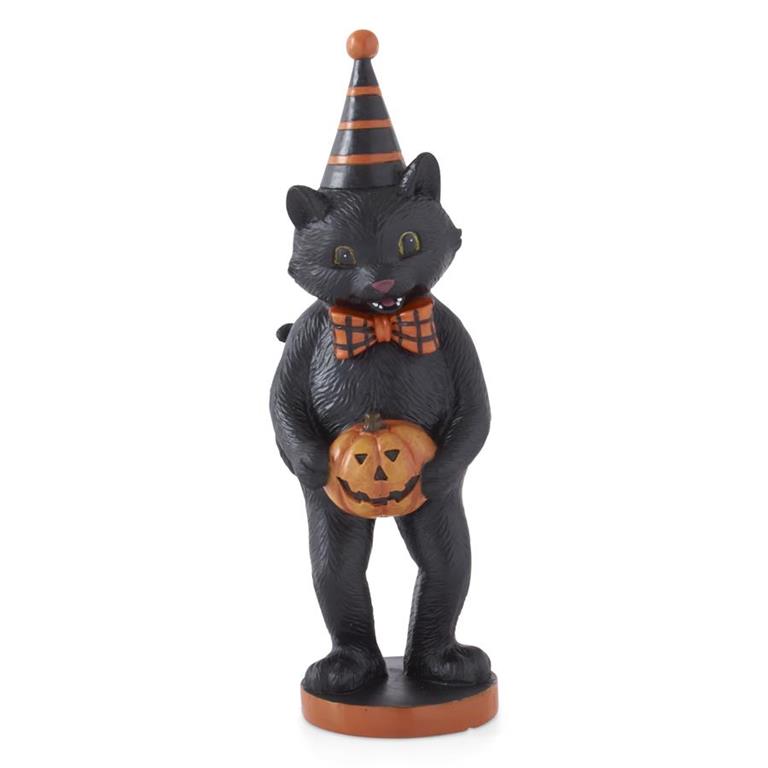 9.25 Inch Black Resin Cats w/Party Hat Bow Tie & Jack O La