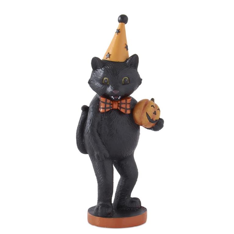 9.25 Inch Black Resin Cats w/Party Hat Bow Tie & Jack O La