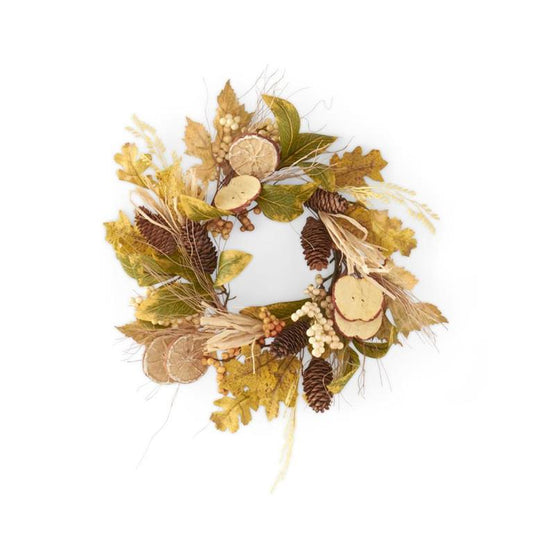 14 Inch Mixed Fall Leaves Candle Ring w/Apple & Orange Slices Raffia