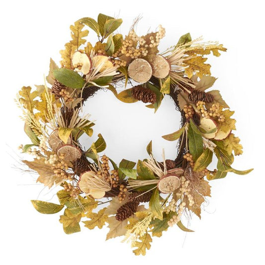 22 Inch Mixed Fall Leaves Wreath w/Apple & Orange Slices Raffia