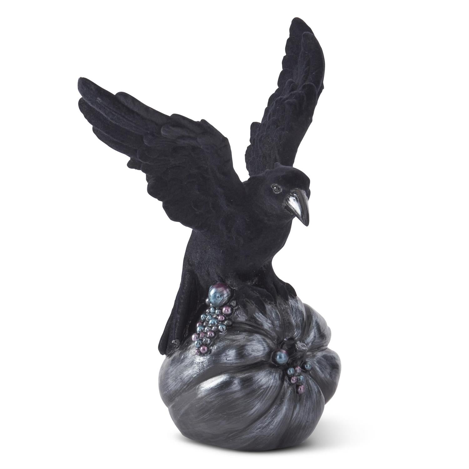 11 Inch Black Velvet Flocked Crow on Resin Pumpkin w/Metallic Bubble