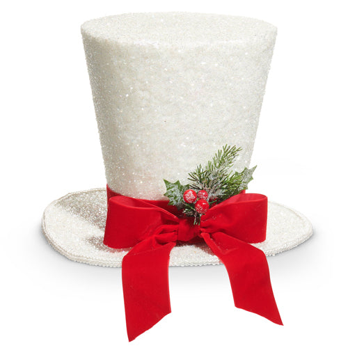 10.5" White Glitter Top Hat with Red Bow
