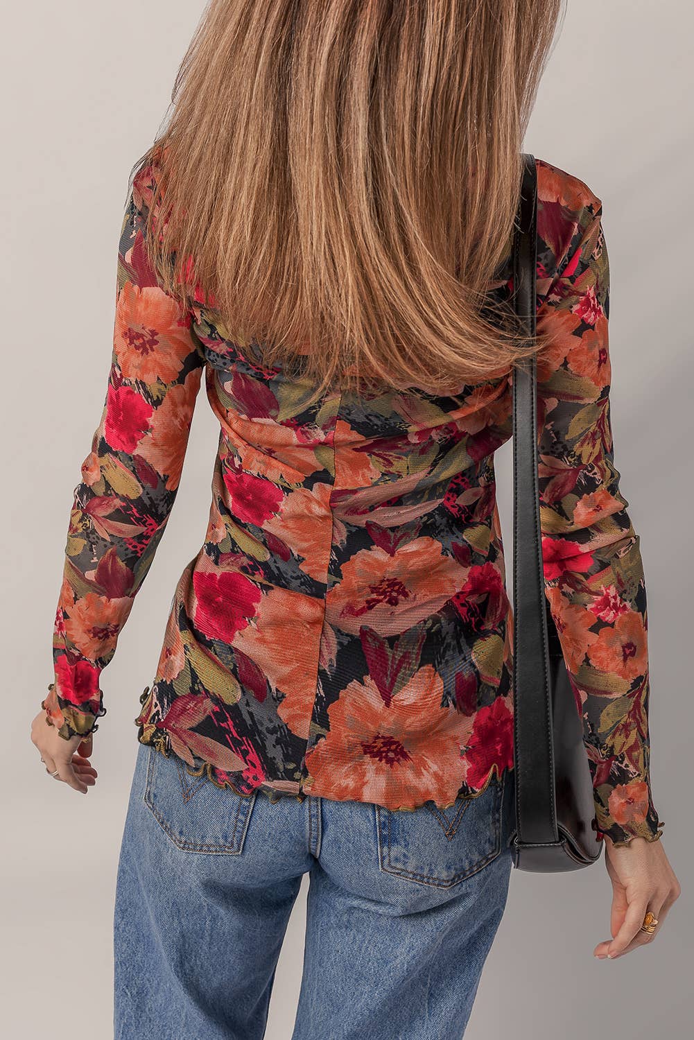 Floral Print Lettuce Trim Long Sleeve Mesh Top | S-XL: As shown / Missy / S