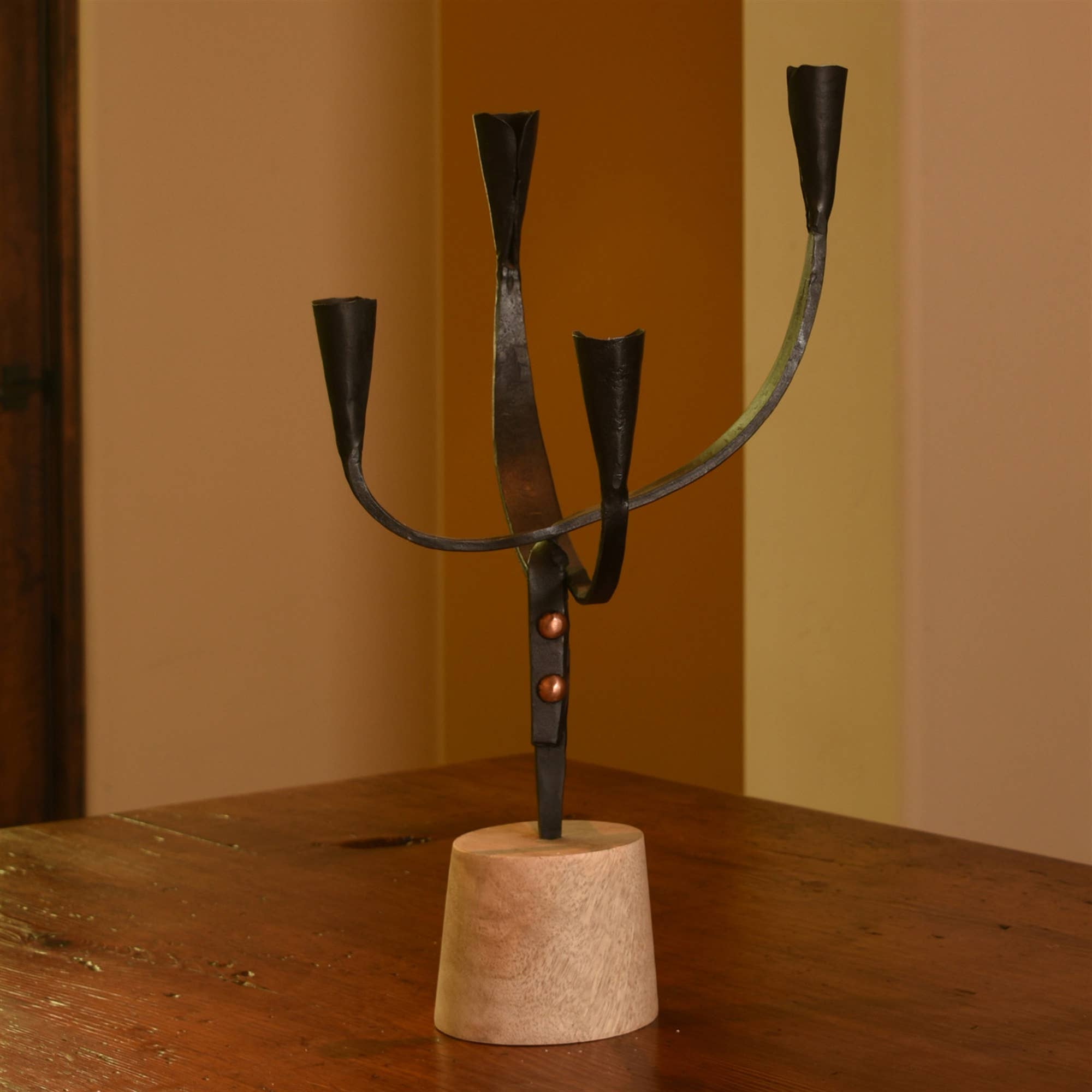 Cajon Double Arc Taper Holder, Iron & Wood - Black